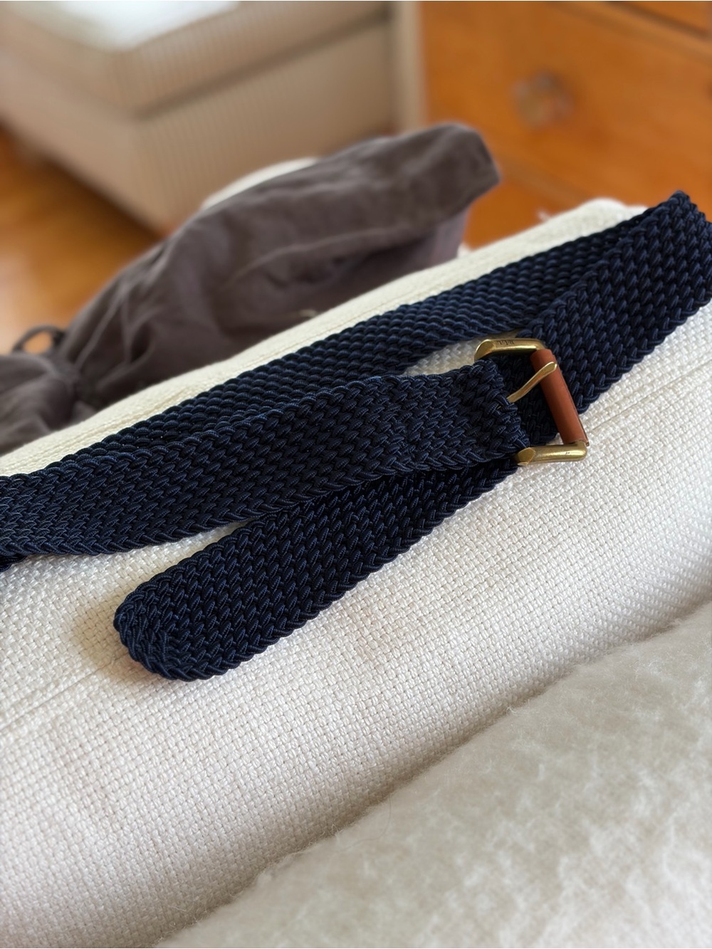 Ralph Lauren Navy Woven Elastic Belt with Brass Buckle